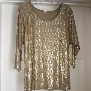 Reba 3/4 length sleeve gold sequined top NWT